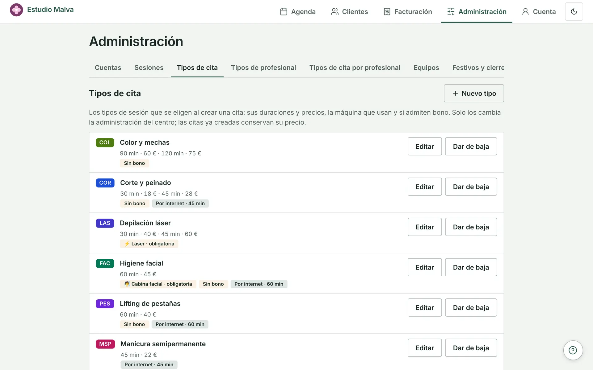 Administración, tipos de cita: cada uno con duraciones, precios, máquina obligatoria y si admite bono o reserva por internet