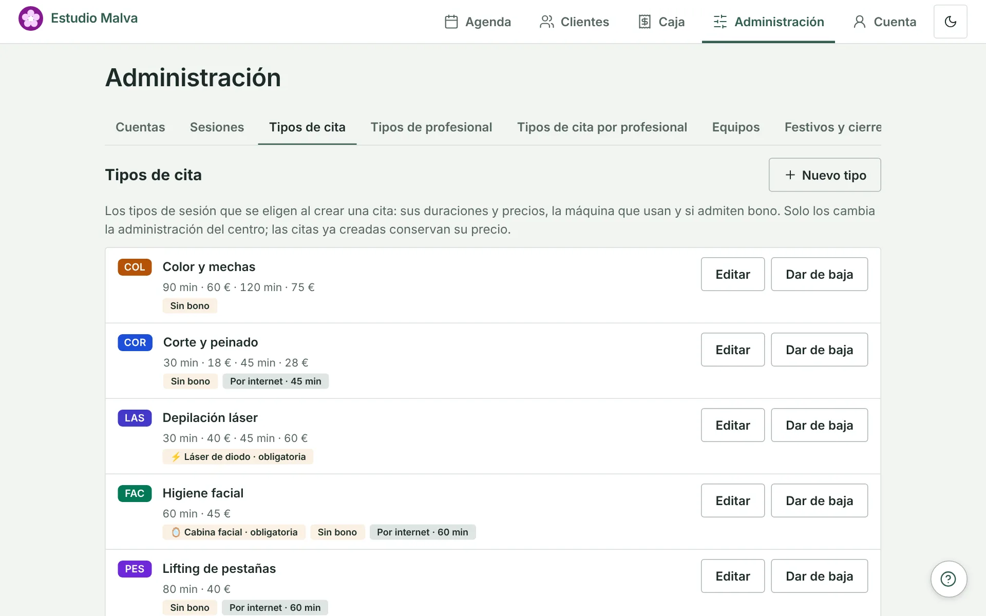 Administración, tipos de cita: cada uno con duraciones, precios, máquina obligatoria y si admite bono o reserva por internet