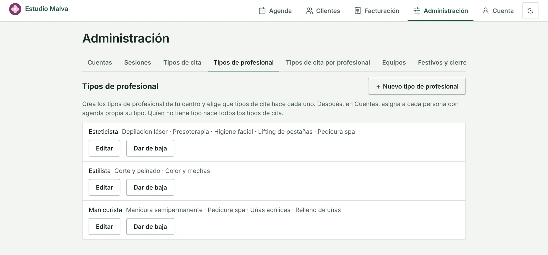 Administración, tipos de profesional: cada tipo con los tipos de cita que hace