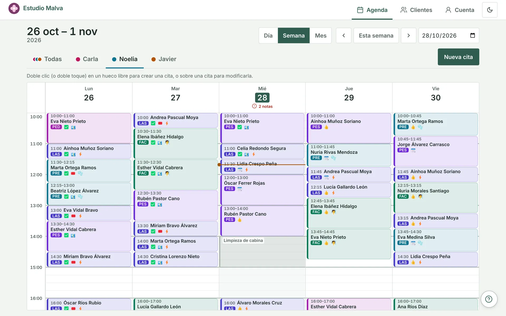 Agenda semanal de una profesional con las citas coloreadas por tipo de sesión