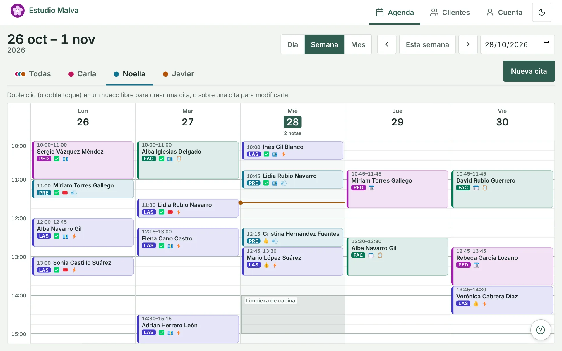 Agenda semanal de un profesional con las citas coloreadas por tipo de sesión