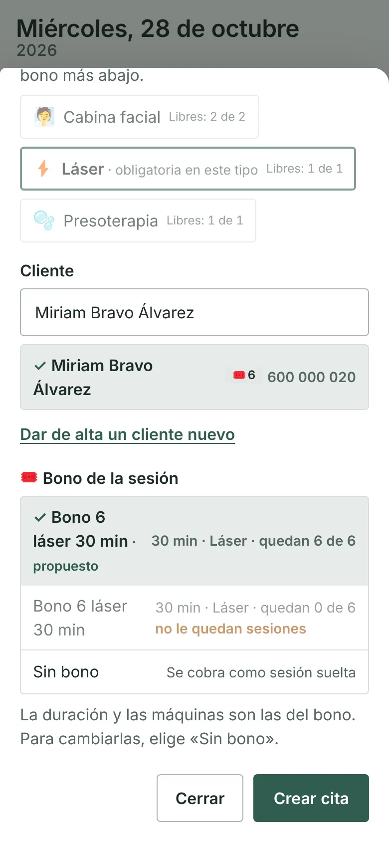 Cita nueva en el móvil con los equipos disponibles y el bono propuesto, con las sesiones que le quedan