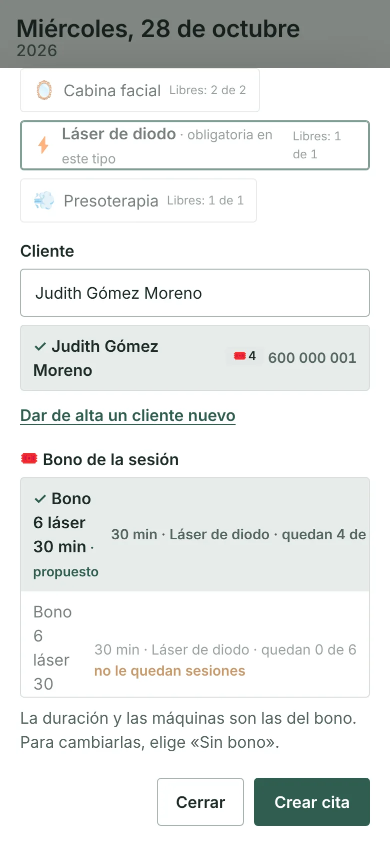 Cita nueva en el móvil con los equipos disponibles y el bono propuesto, con las sesiones que le quedan