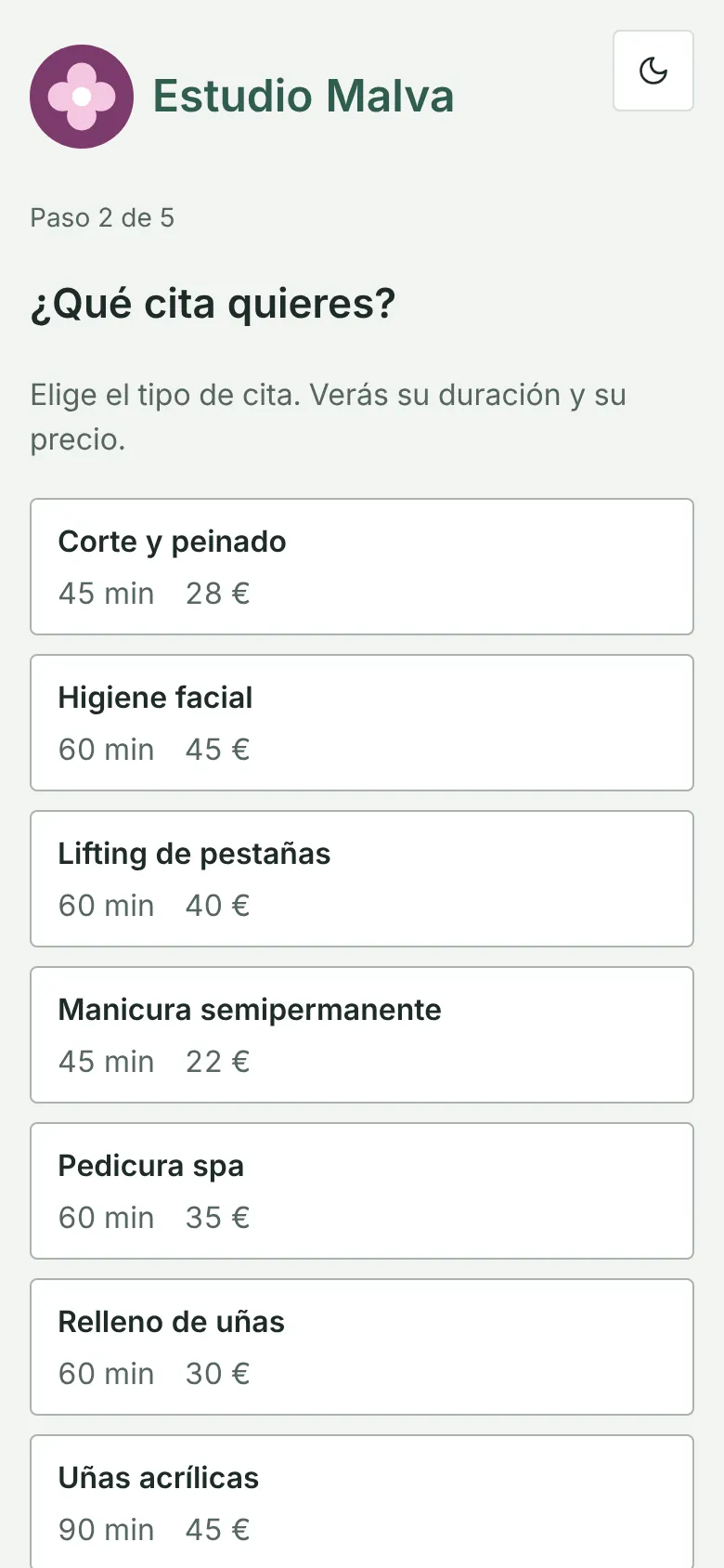 Portal de reservas en el móvil: primer paso, elegir el tipo de cita con su duración y su precio