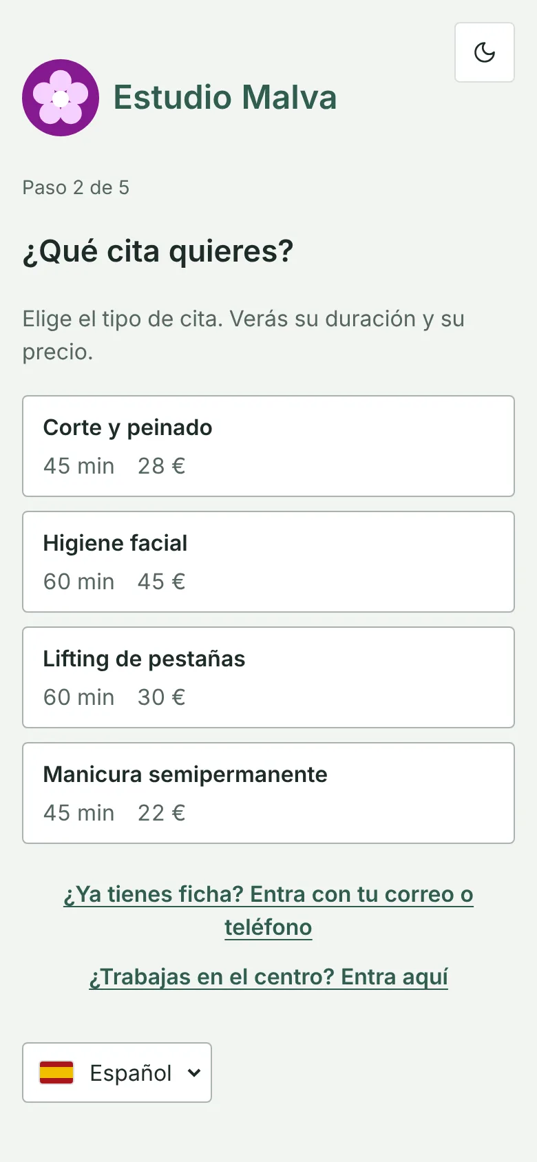 Portal de reservas en el móvil: primer paso, elegir el tipo de cita con su duración y su precio