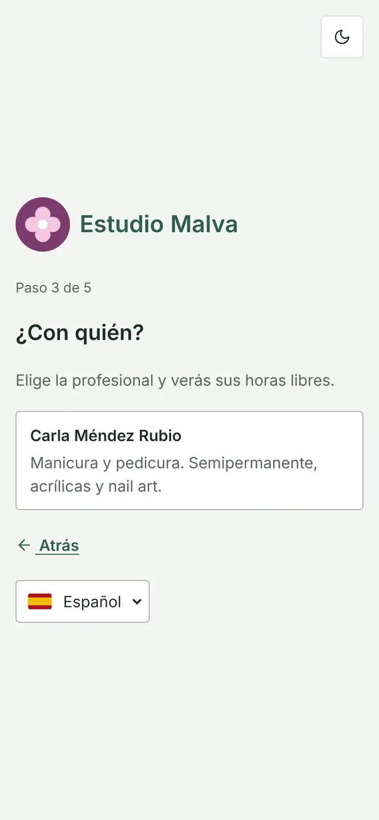 Portal de reservas en el móvil: segundo paso, elegir con qué profesional