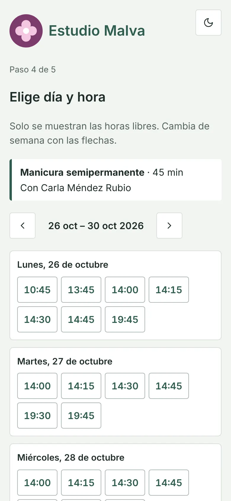 Portal de reservas en el móvil: elegir día y hora entre los huecos libres de la semana