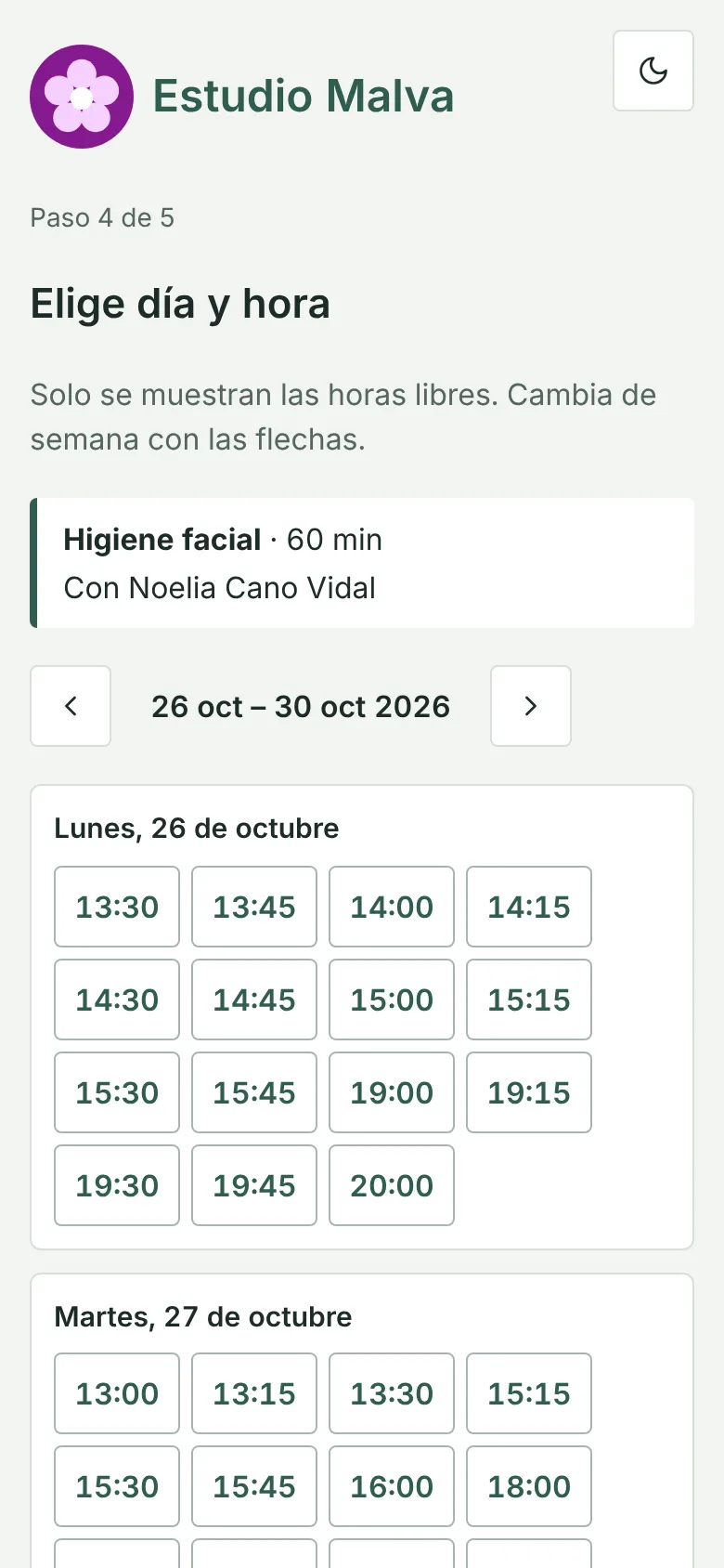Portal de reservas en el móvil: elegir día y hora entre los huecos libres de la semana