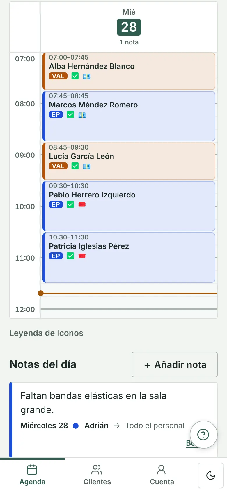 A practitioner’s day on a phone, with the current-time line