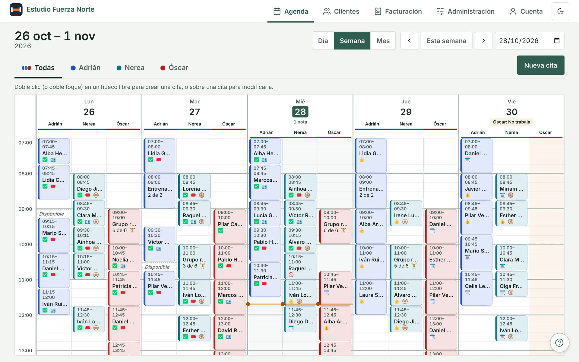Weekly diary on a computer with three practitioners’ columns each day, colours per practitioner and «Available (no machine)» slots