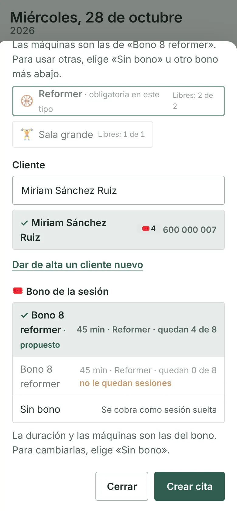 New appointment on a phone with the available equipment and the suggested pack, with the sessions left