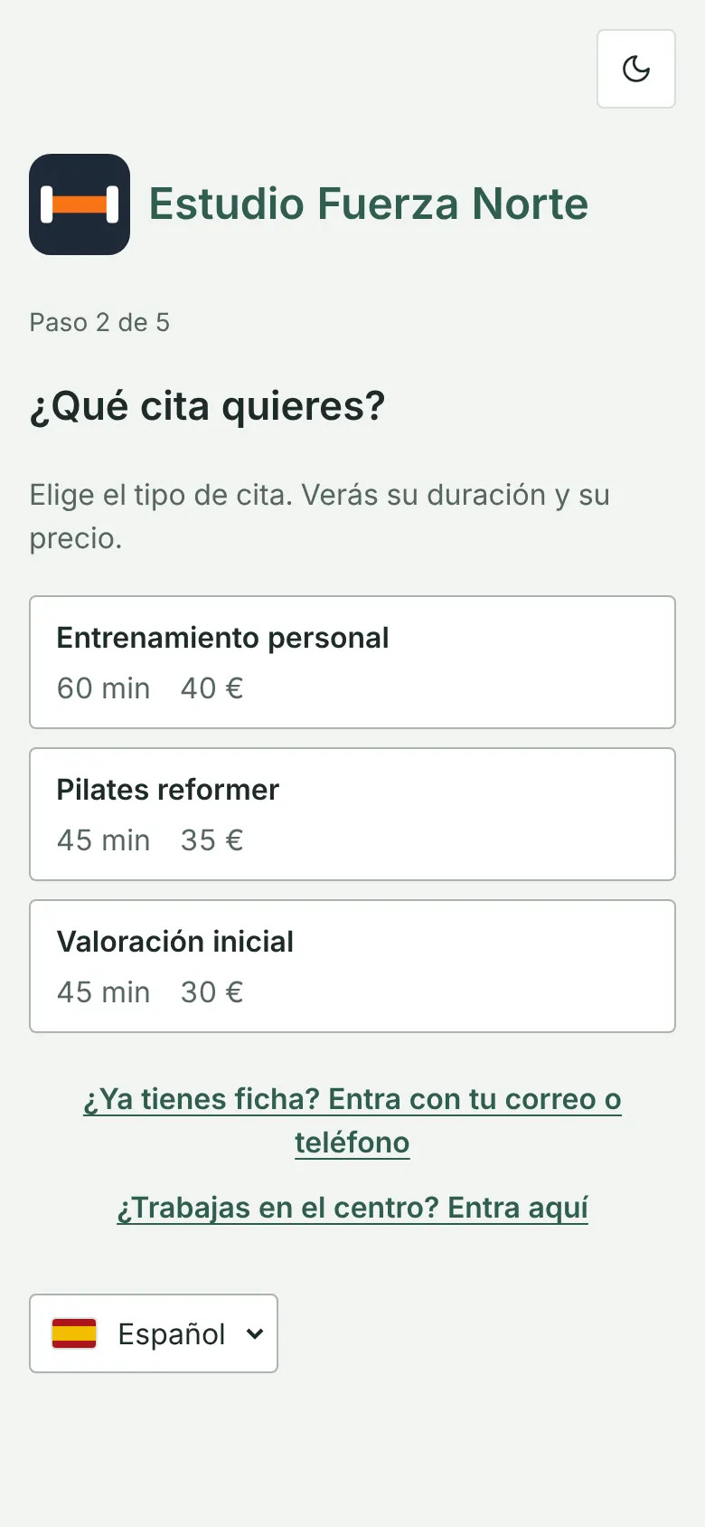 Booking portal on a phone: first step, choosing the appointment type with its length and price