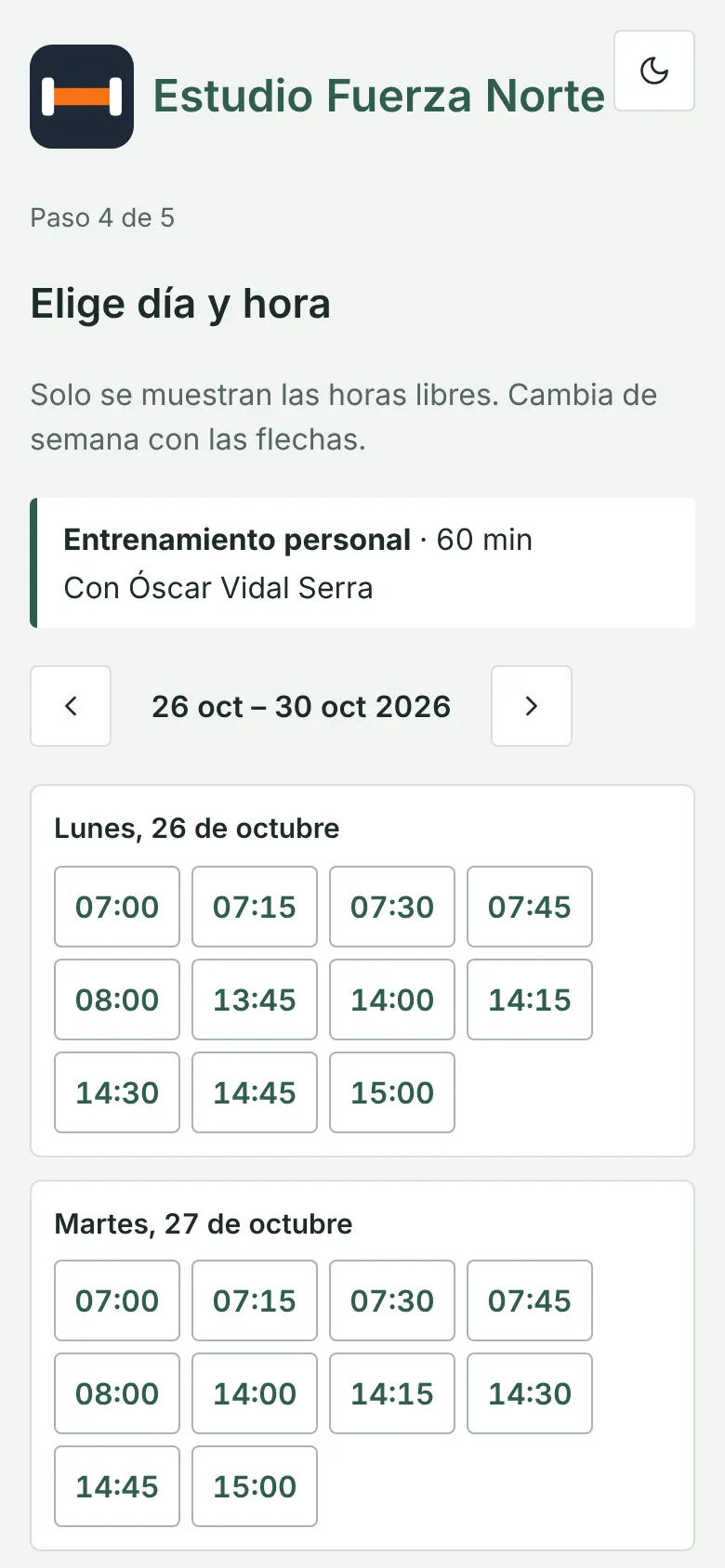 Booking portal on a phone: choosing a day and time among the week’s free slots
