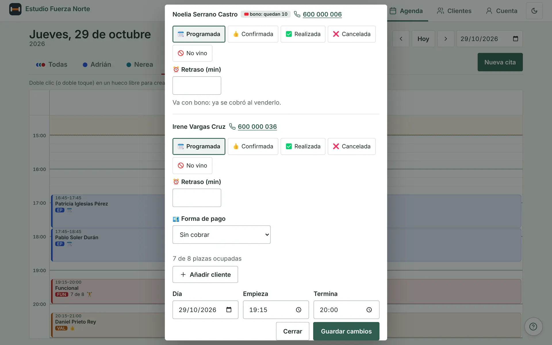 Group session with a capacity limit and the attendee list