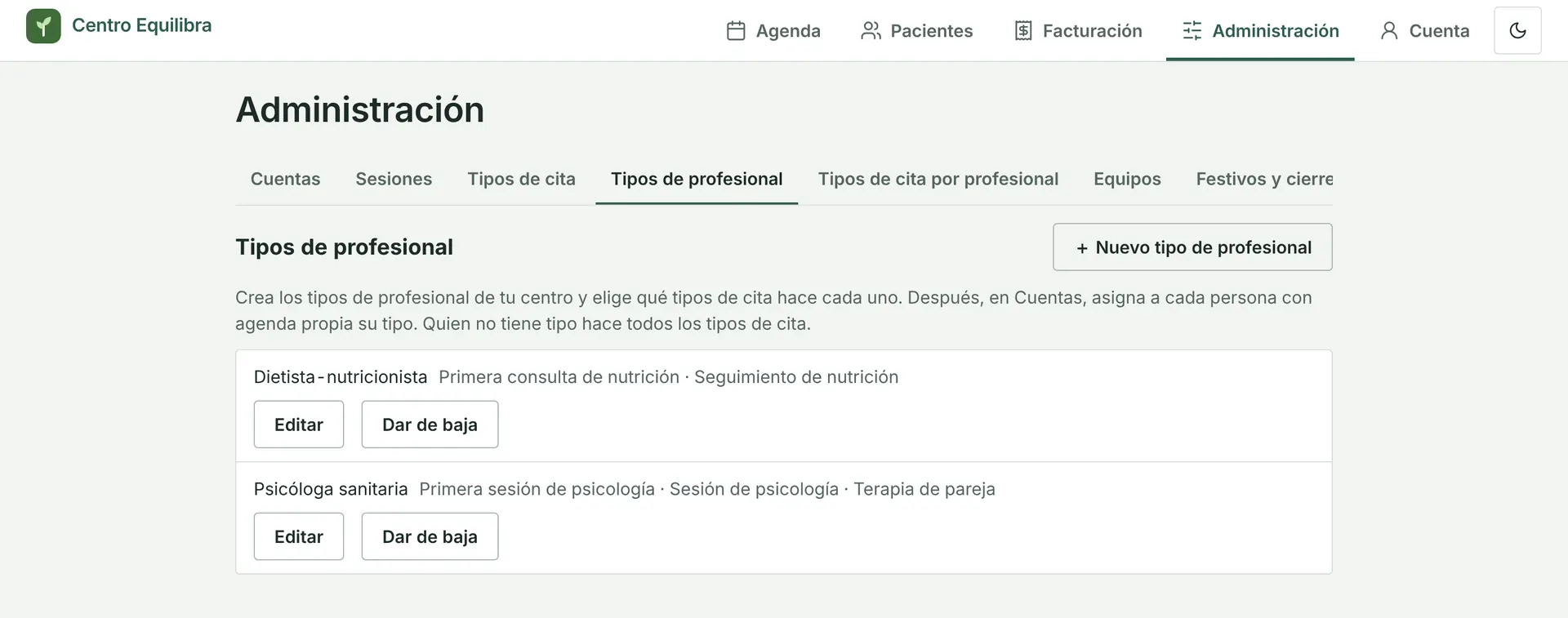 Administració, tipus de professional: cada tipus amb els tipus de cita que fa