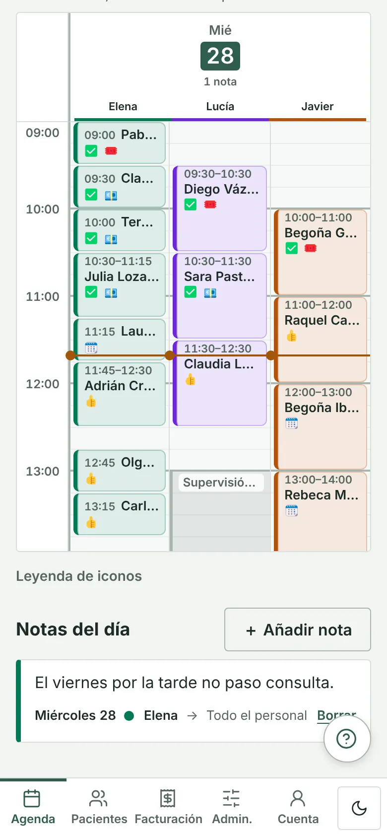 Agenda d’un dia al mòbil amb les cites de tres professionals en columnes i una franja «Disponible (sense màquina)»