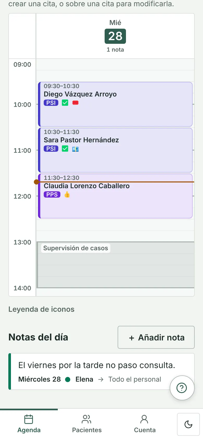 Agenda del dia d’una professional al mòbil, amb la línia de l’hora actual