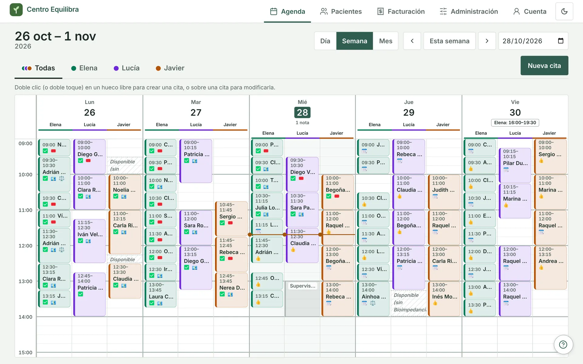 Agenda setmanal a l’ordinador amb les columnes de tres professionals cada dia, colors per professional i franges «Disponible (sense màquina)»