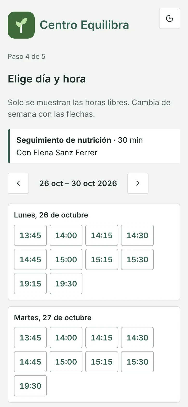Portal de reserves al mòbil: triar dia i hora entre les hores lliures de la setmana