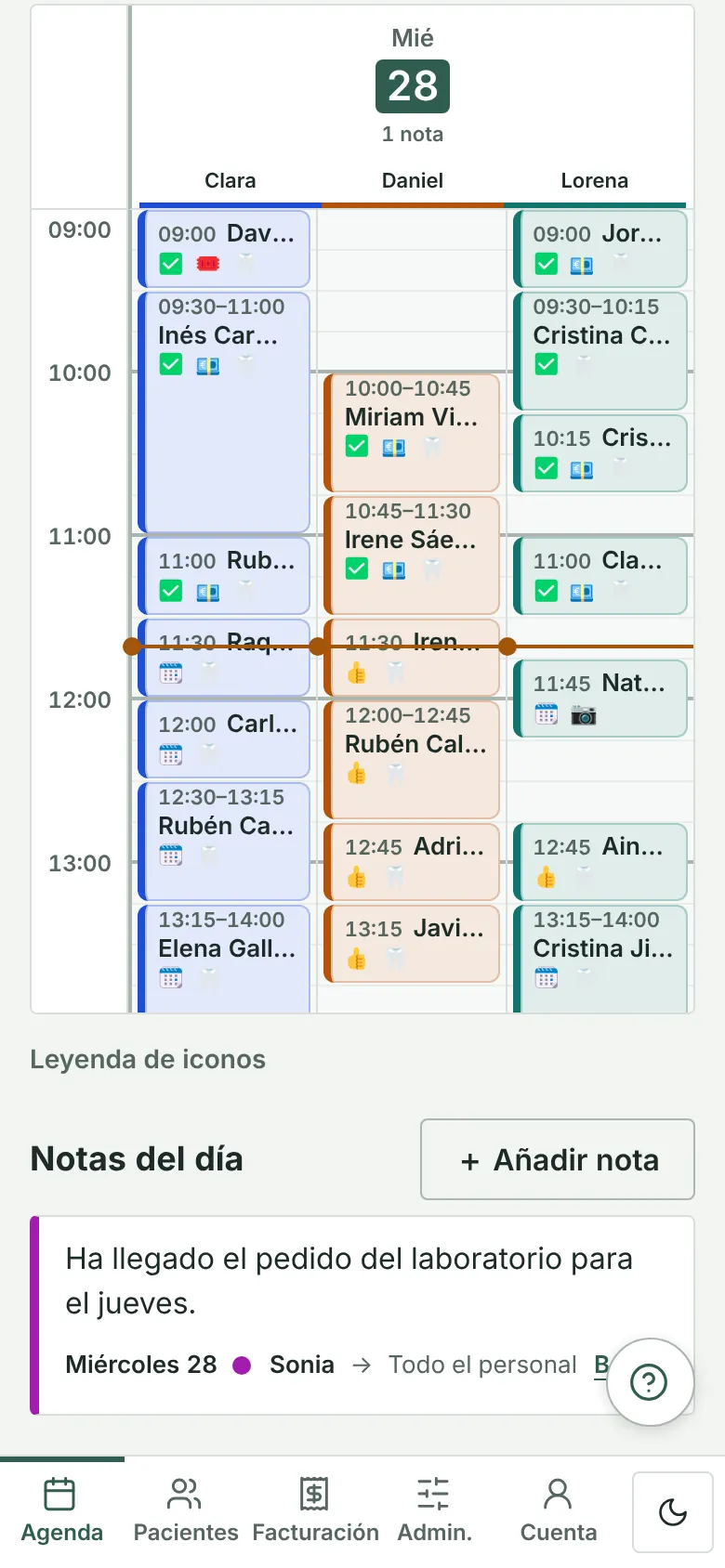 One day’s diary on a phone with three practitioners’ appointments in columns and an «Available (no machine)» slot