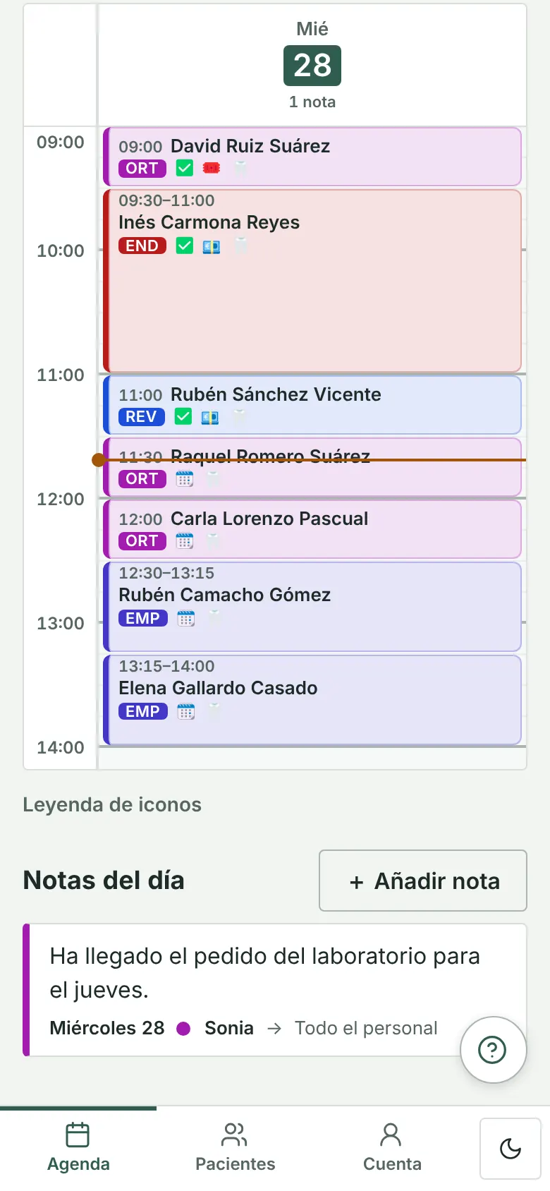A practitioner’s day on a phone, with the current-time line