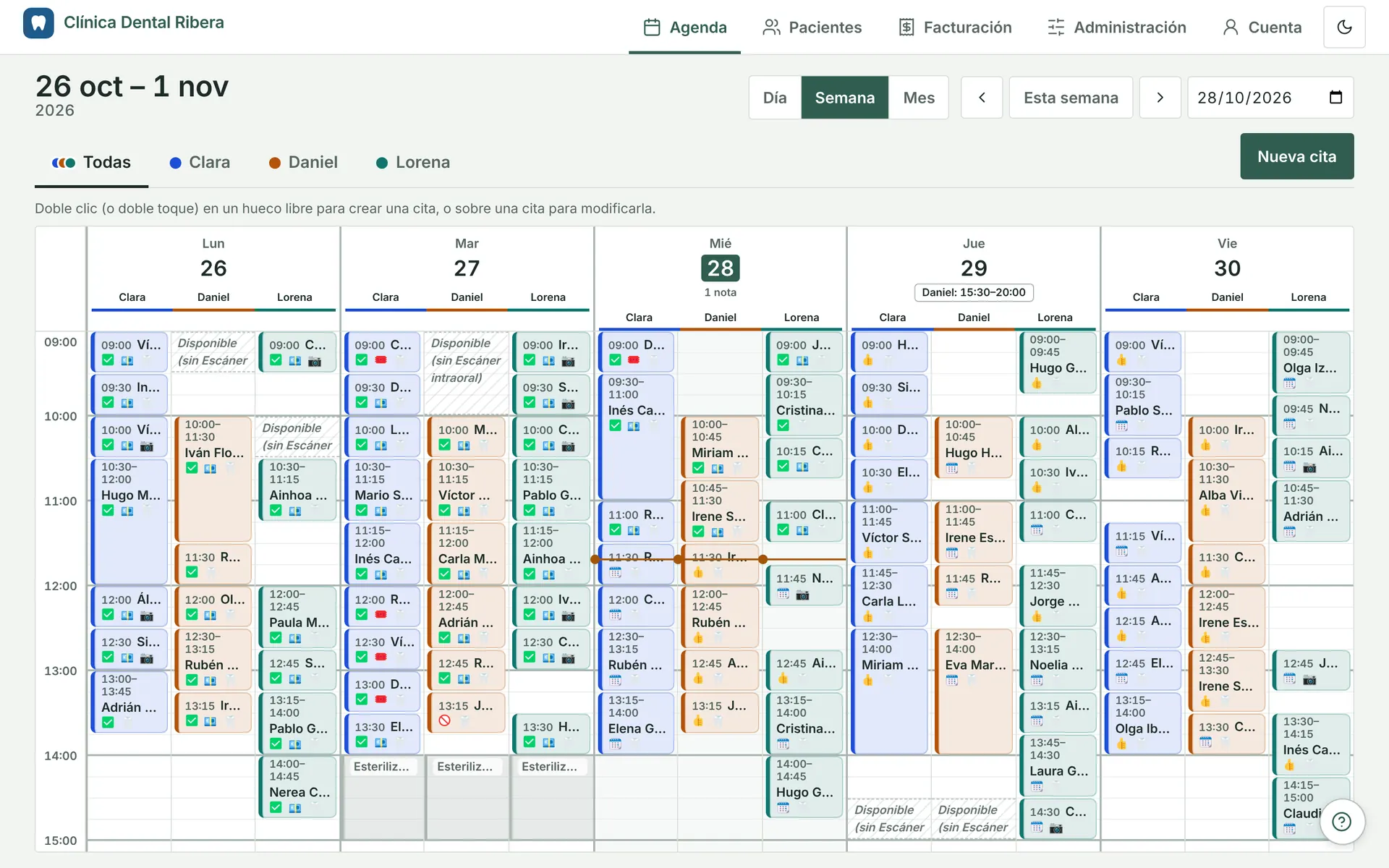 Weekly diary on a computer with three practitioners’ columns each day, colours per practitioner and «Available (no machine)» slots
