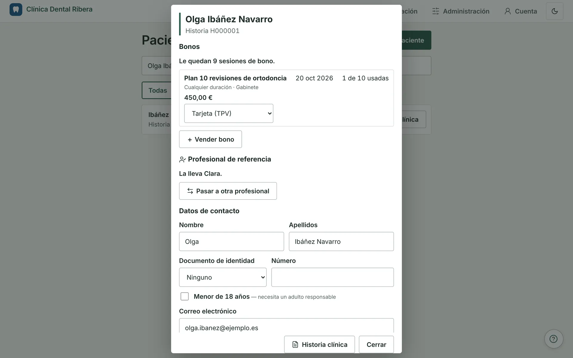 Record with session packs and treatments and the sessions used