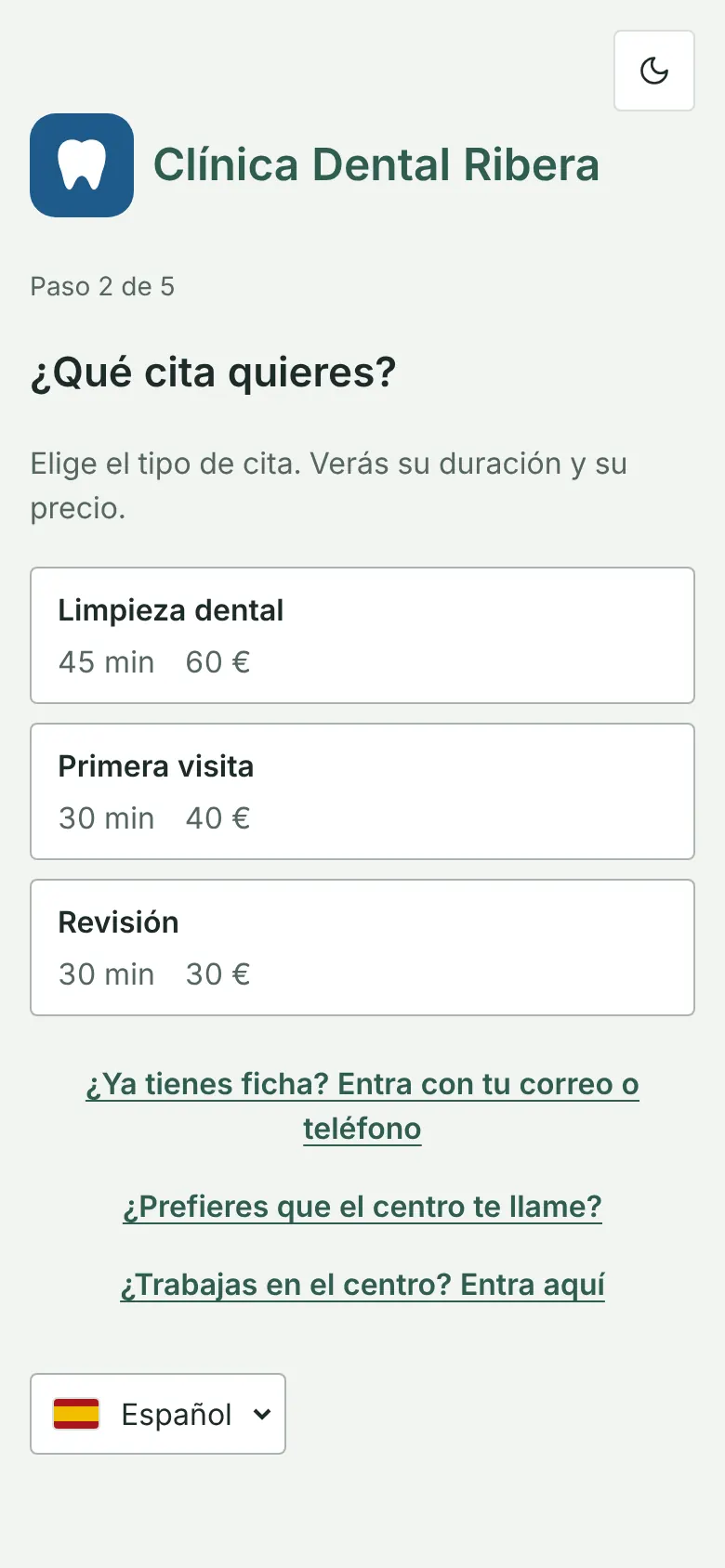 Booking portal on a phone: first step, choosing the appointment type with its length and price