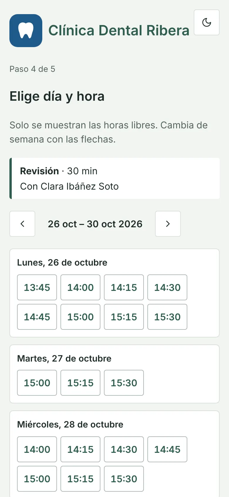 Booking portal on a phone: choosing a day and time among the week’s free slots
