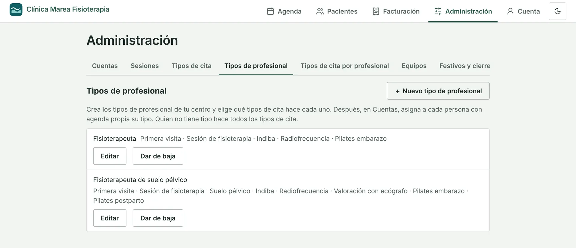 Administració, tipus de professional: cada tipus amb els tipus de cita que fa