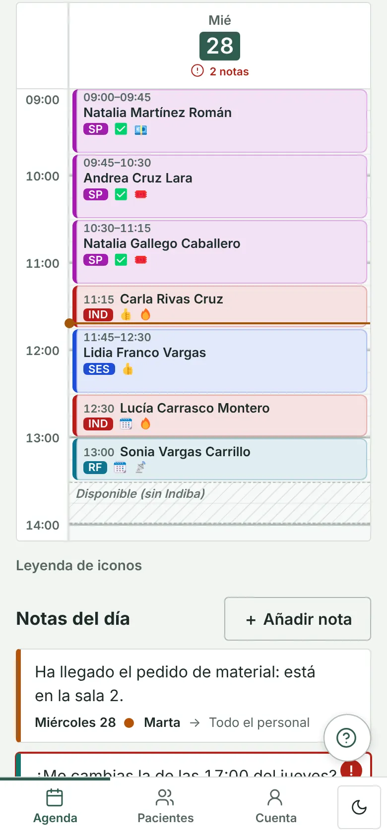 Agenda del dia d’una professional al mòbil, amb la línia de l’hora actual