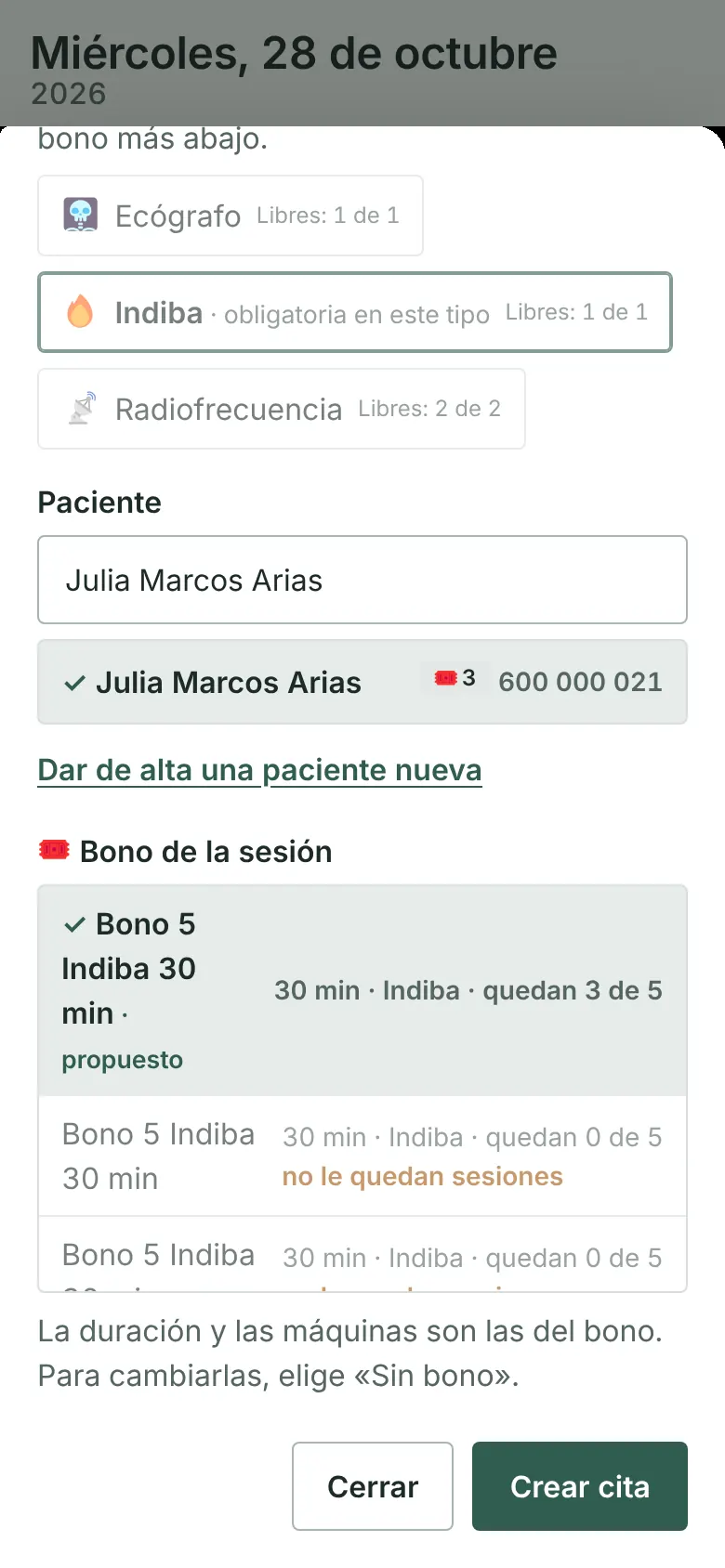 Cita nova al mòbil amb els equips disponibles i el bo proposat, amb les sessions que li queden