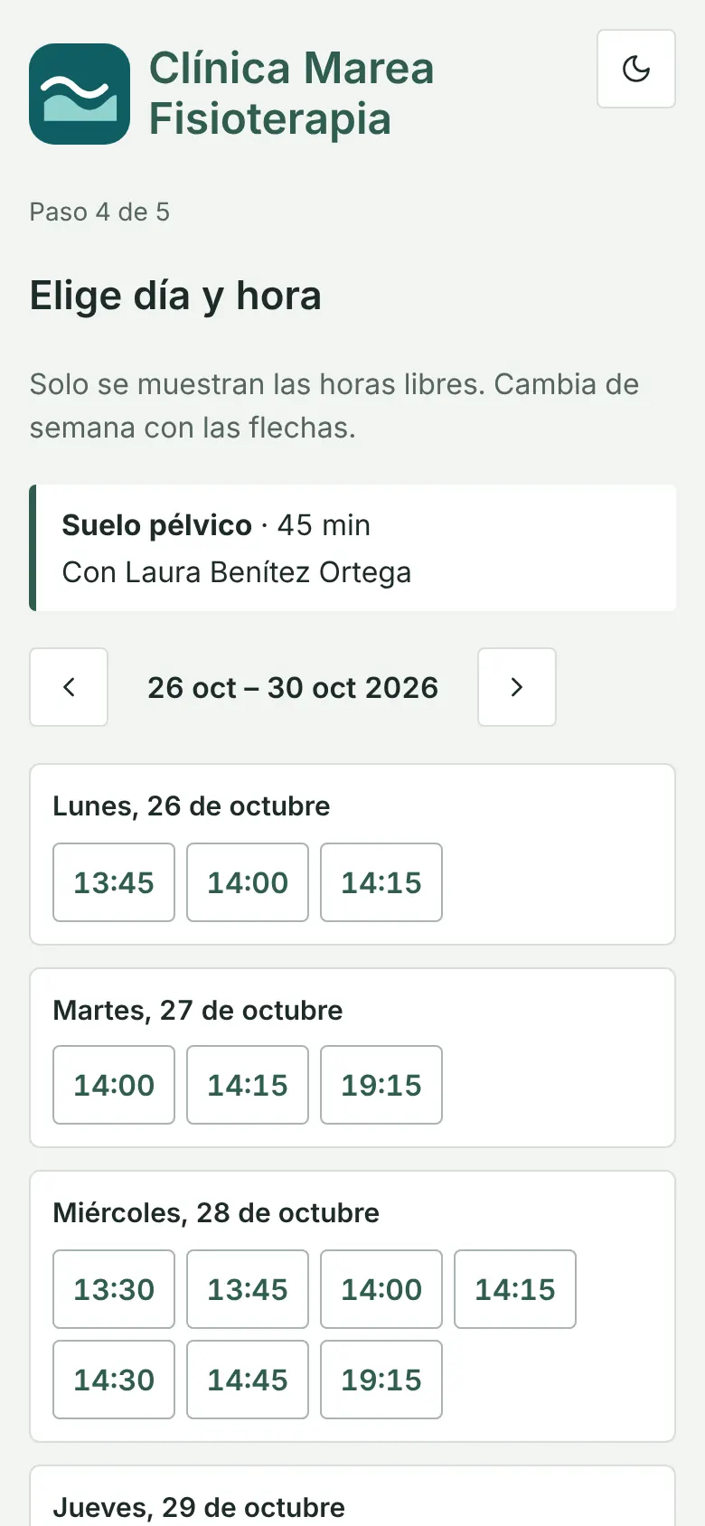 Booking portal on a phone: choosing a day and time among the week’s free slots